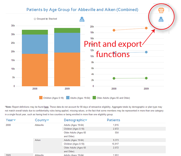 Screenshot of dashboard with print and export functions highlighted